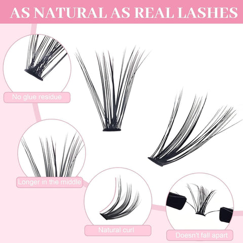Natural Self Adhesive Eyelashes - 72 PCS - Wispy Press on Lashes Pre Glued Lash Clusters No Glue Needed Press on Eyelash Clusters Reusable Self Adhesive Lash (3D - 50+60D+80D+100D)