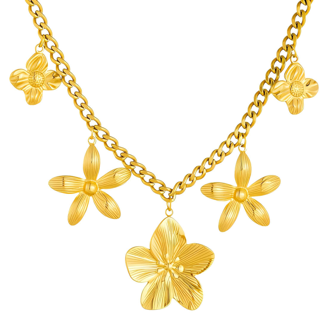 Floral Pendant Necklace - Stunning Gold Chain Jewelry with Multiple Blooming Floral Charms for Women’s Fashion Statement