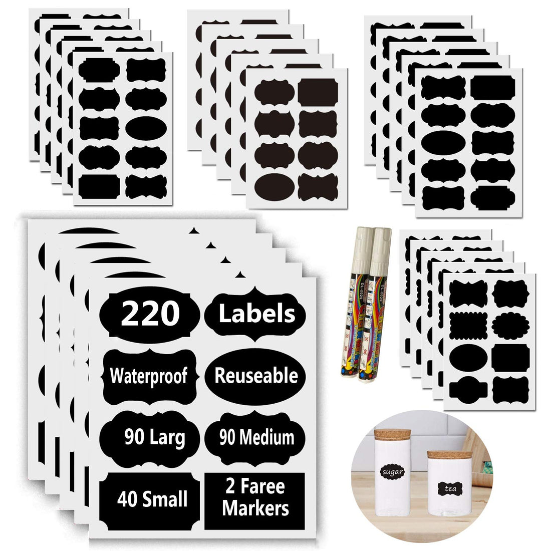 Waterproof Chalkboard Labels Stickers 220 With 2 Makers,Pantry Labels for Kitchen Organiser,Glass bottle,Cups,Canisters,Laundry,Office Script,boxes