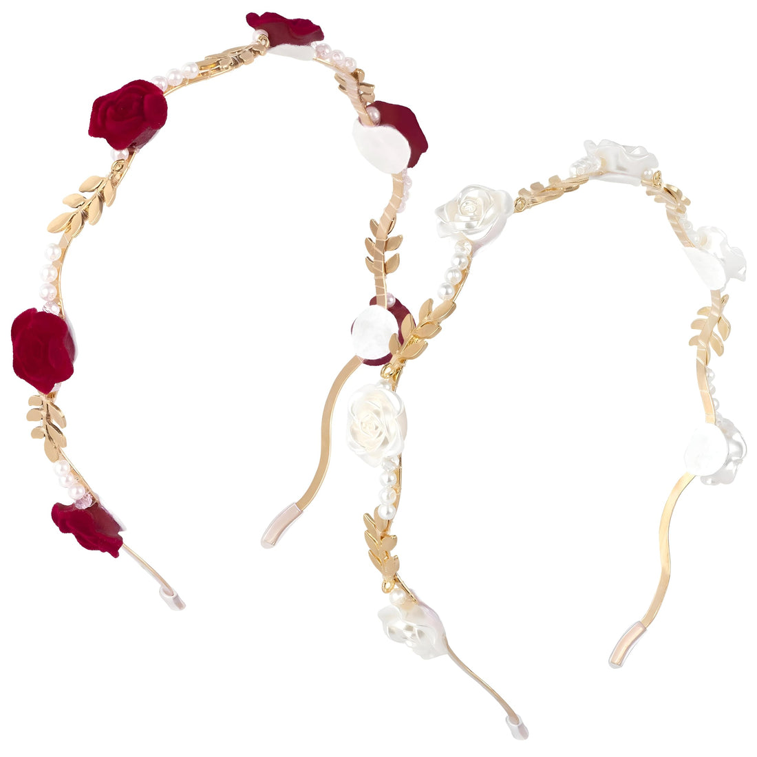 Princess Flower Crown - Bridal Hair Accessory with Red Rose Pearls and Gold Leaf for Elegant Wedding and Party Hair Dressing (2Pcs)