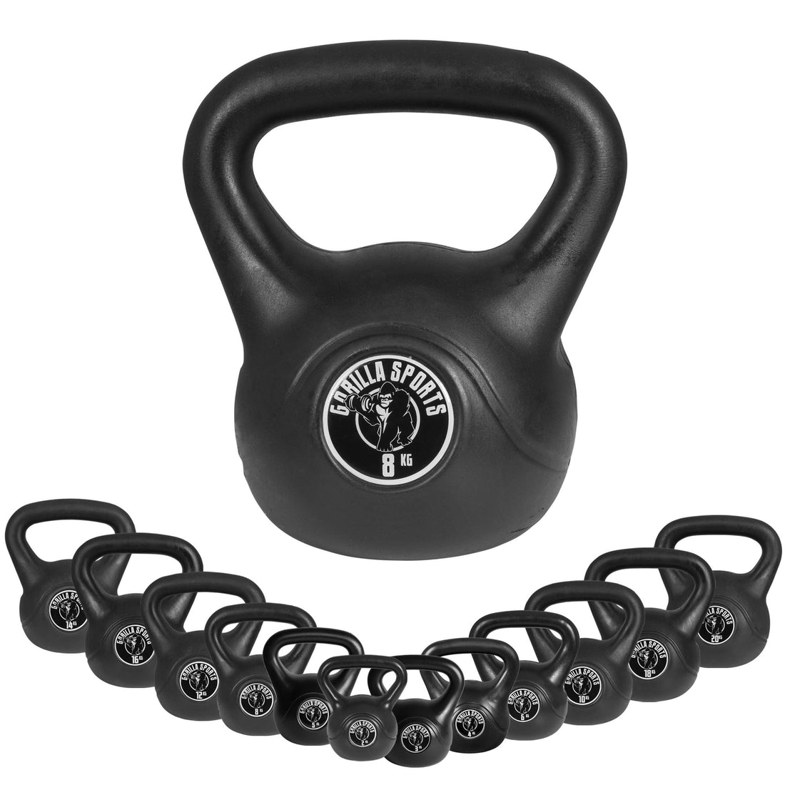 GORILLA SPORTS® Kettlebell - Single/Set, 2 kg, 3 kg, 4 kg, 5 kg, 6 kg, 8 kg, 10 kg, 12 kg, 14 kg, 16 kg, 18 kg, 20 kg Weights, with/without Shelf, Made of Plastic - Kettlebell, Swing Bell, Ball