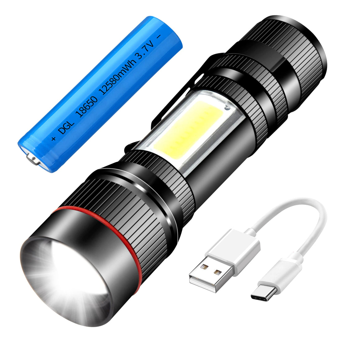 Thimmamma LED Torch, USB Rechargeable Small Torch Zoomable Hand Flashlight and COB Work Light with Magnetic Base, Battery Powered Mini Tactical Torch with Clip for Camping Hiking