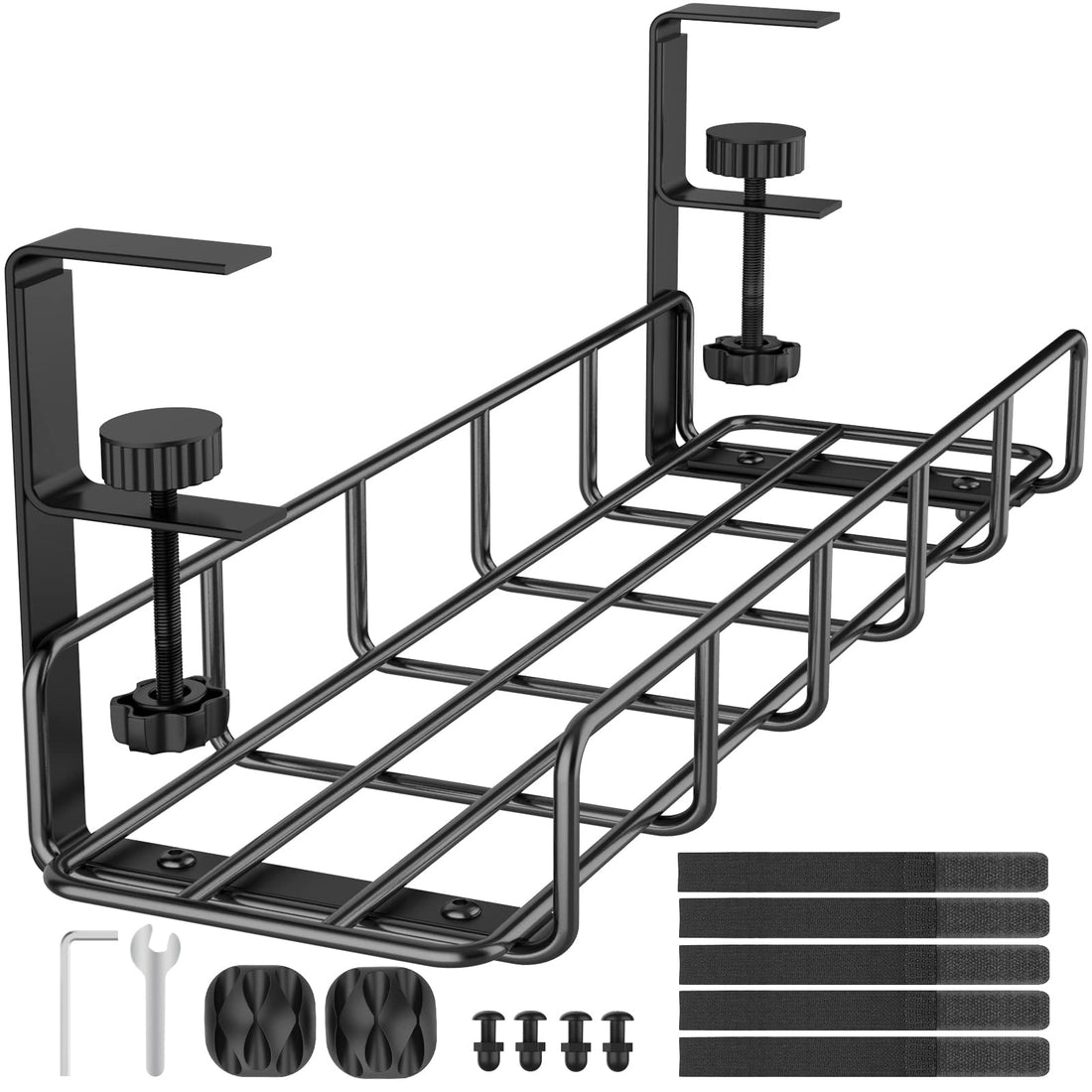 15.7” Under Desk Cable Management Tray, No Drill Steel Cable Tray Organizers, Wire Management Tray Cable Rack with Clamp Mount, Metal Under Desk Tray with Wire and Cord Organizer (Black, 1 Pack)