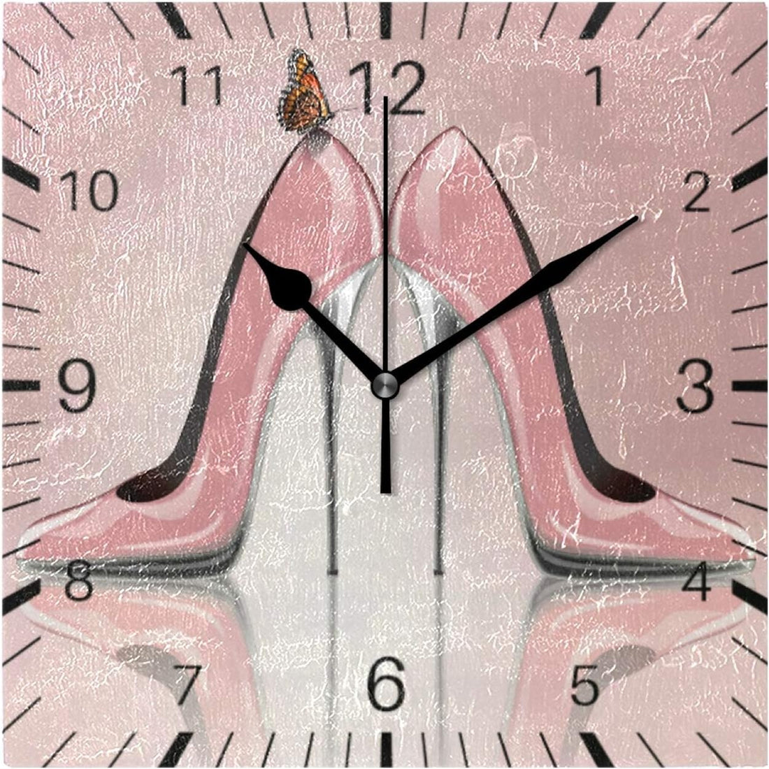 Butterfly High Heel Shoes Pink 7.9 Inch Square Wall Clock Battery Operated Non-Ticking Silent Quartz for Kitchen Home Living Room Office Bedroom(Black Pointer)