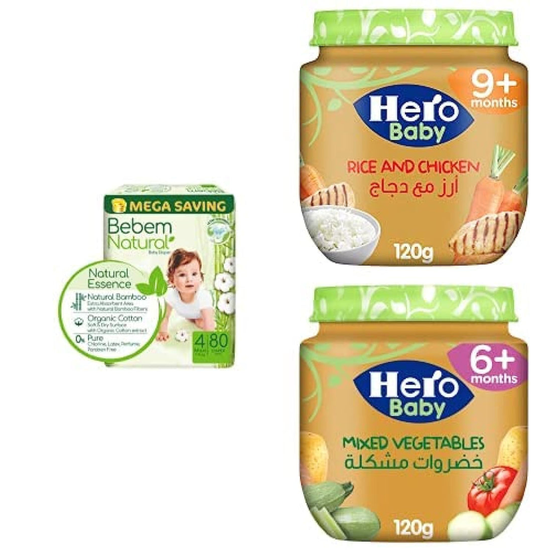 Bebem Natural, Size 4-80 Pieces + 2X Hero Baby Jars 120gm (Rice and Chicken & Mixed Vegetable)