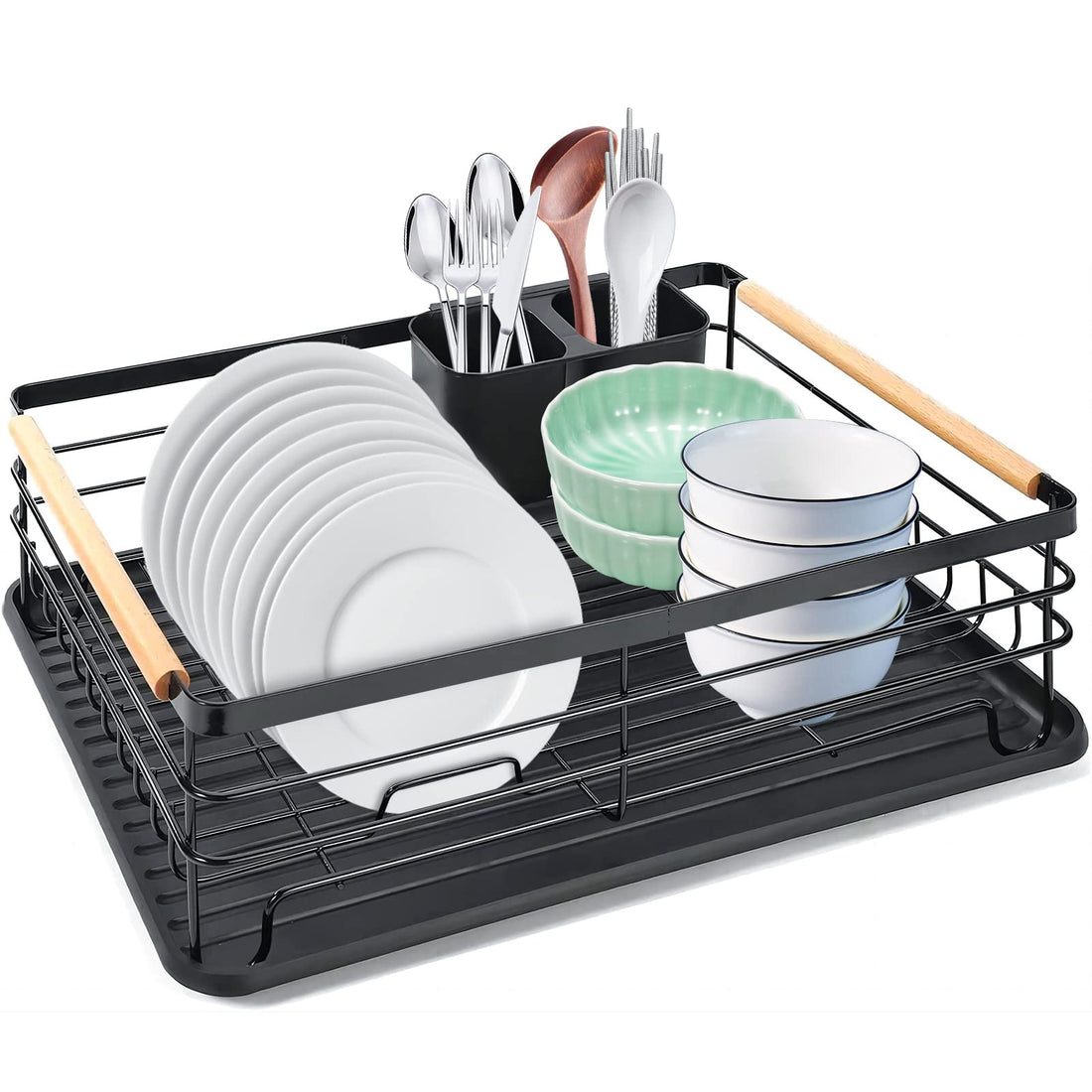 Nestling Dish Drainer Rack with Removable Water Plate, Stainless Steel, Black, Dish Drainer, Kitchen
