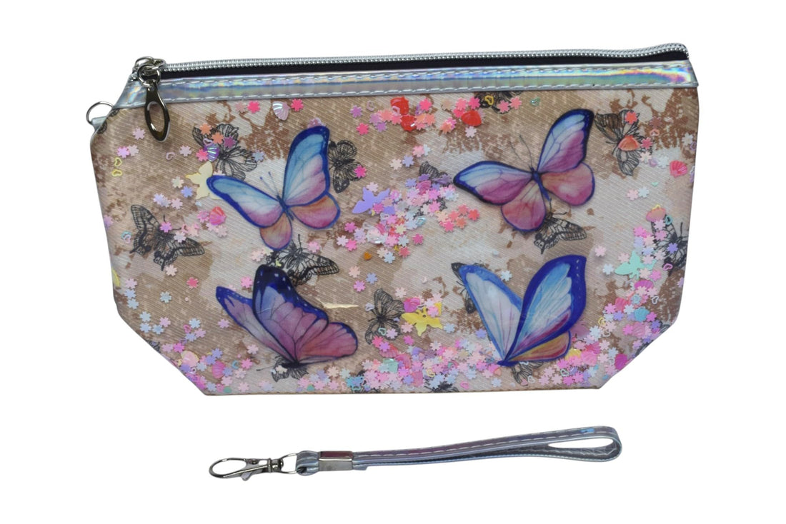 Butterflies Printed Cosmetic Case With Handle - Multicolor