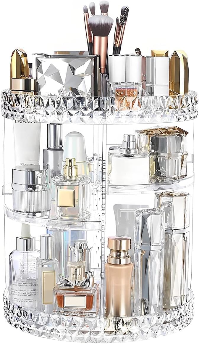 Makeup Organizer, 360 Rotating Cosmetic Organizer for Makeup Brushes Perfume Holder Organizer Countertop, DIY Adjustable Bathroom Makeup Carousel Holder Rack, Clear Diamond, Large Capacity