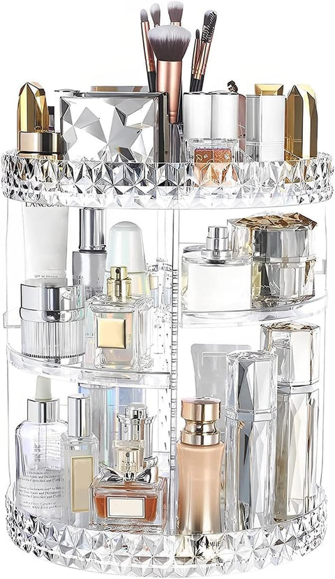 Makeup Organizer, 360 Rotating Cosmetic Organizer for Makeup Brushes Perfume Holder Organizer Countertop, DIY Adjustable Bathroom Makeup Carousel Holder Rack, Clear Diamond, Large Capacity