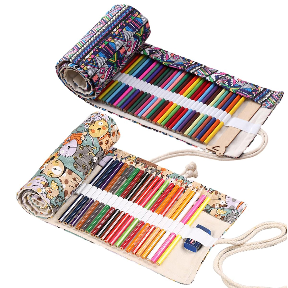 Pack of 2 36 Holes Pencil Roll Case - Canvas Pencil Wrap for Watercolour, Colouring, Makeup Pencils - Artists & Art Students Sketch Drawing