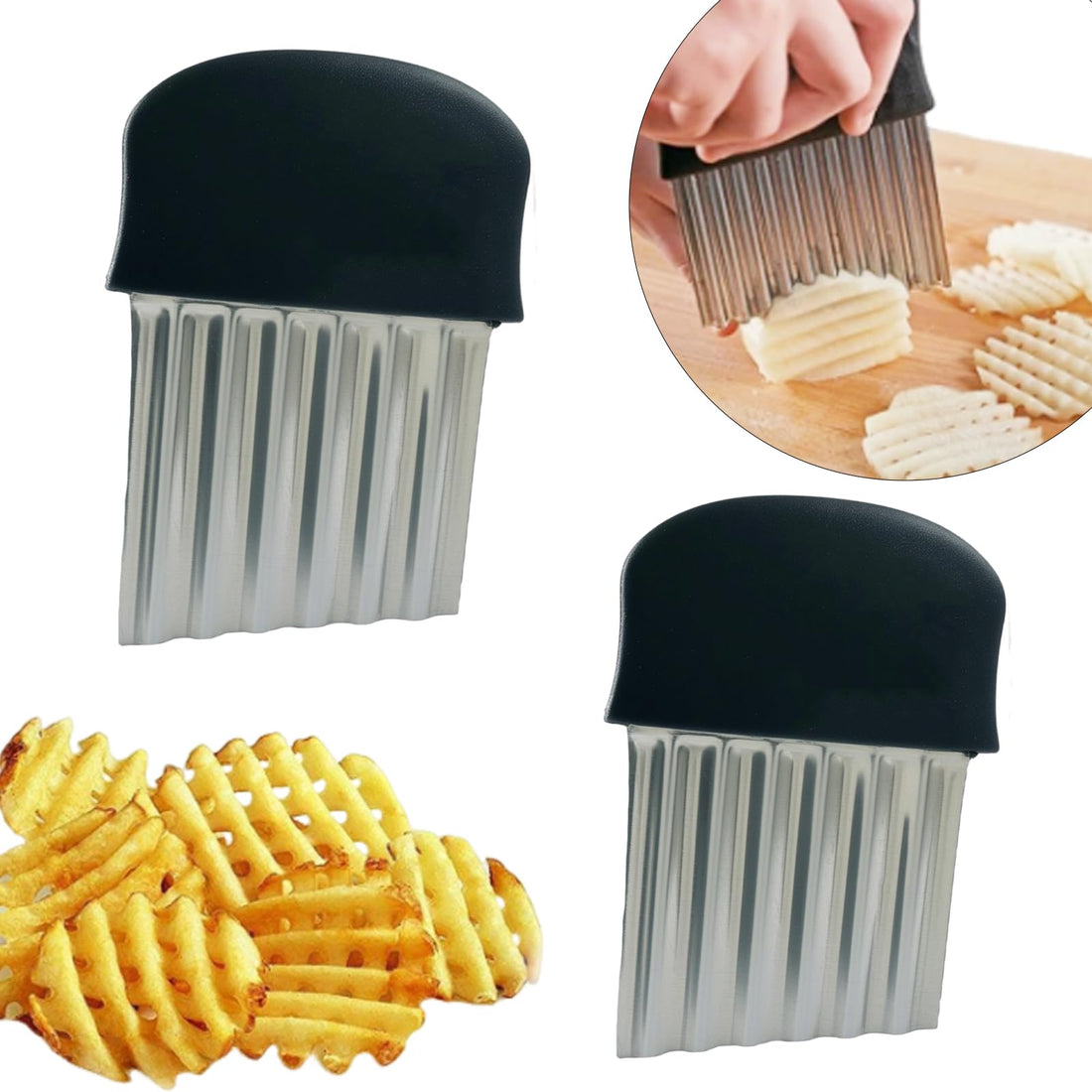 2 Pack Crinkle Cutter Stainless Steel Wavy French Fry Slicer & Vegetable Chopper for Potatoes, Carrots, Fruits, Heavy Duty Blade Cutting Tool(Black)