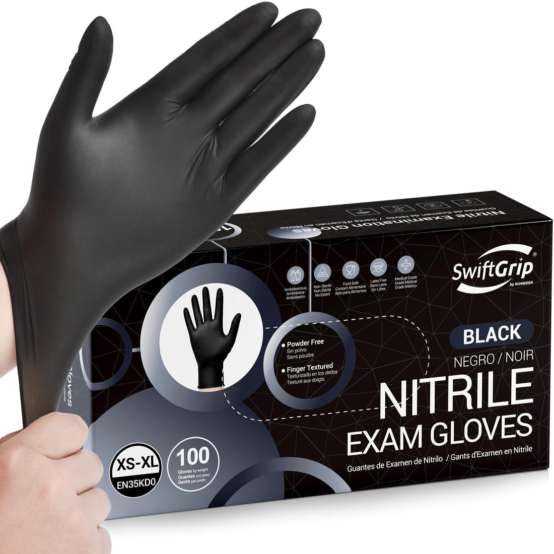SwiftGrip Disposable Nitrile Exam Gloves, 3-mil, Black Nitrile Gloves Disposable Latex Free for Medical, Cooking & Esthetician, Food-Safe Rubber Gloves, Powder Free, Non-Sterile, 100-ct Box (Medium)
