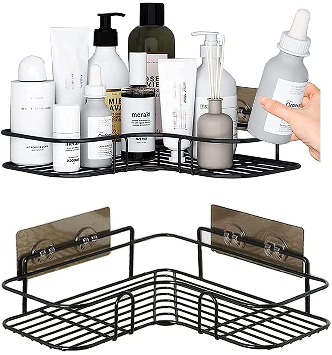SKY-TOUCH 2-Piece Corner Shower Shelves, No-Drill Self-Adhesive Wall-Mounted Storage Organizer for Bathroom, Kitchen, and Toilet, Black Iron, 26x26x6cm