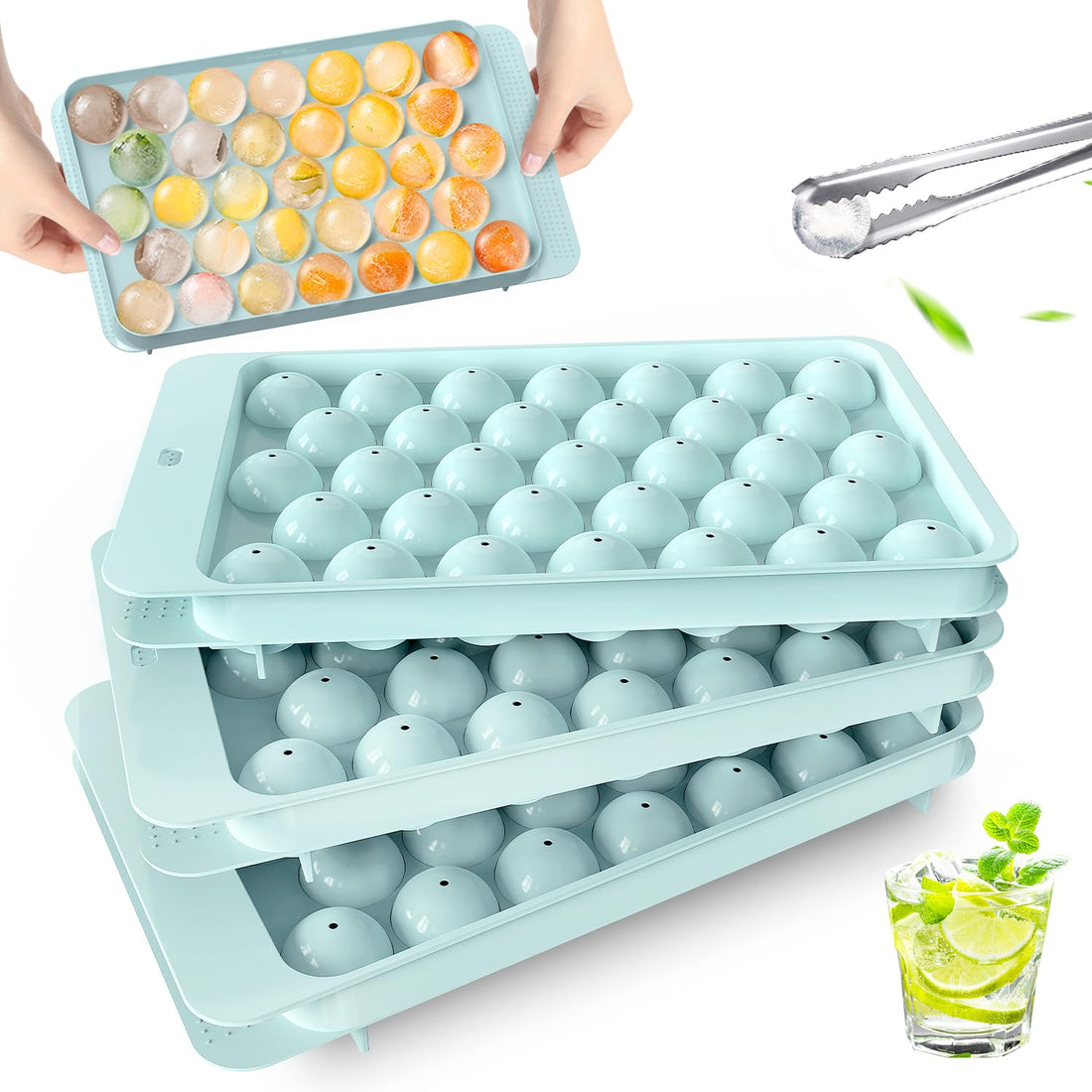 VEHHE Ice Cube Tray, 3 Pack Round Ice Cube Mold for Freezer with Lid, 1.2IN*99PCS Circle Ice Ball Maker Mold, BPA Free Sphere Ice Cube Mold for Cocktail Whiskey Tea Coffee(Blue)