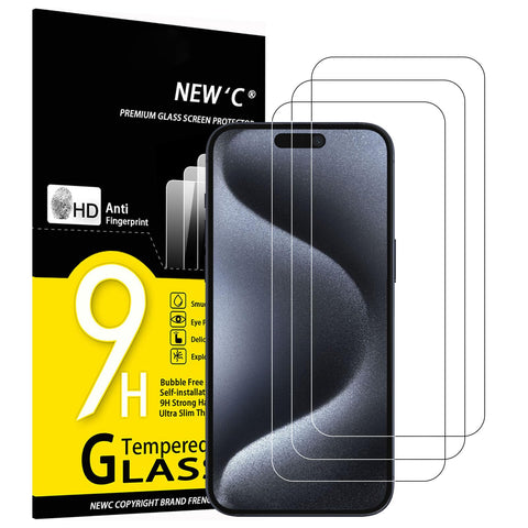 NEW'C Pack of 3 Tempered Glass Screen Protector for iPhone 15 Pro Max / 15 Plus (6.7 Inches), Scratch Free, 9H Hardness, HD Screen Protector, 0.33 mm Ultra Clear, Ultra Resistant
