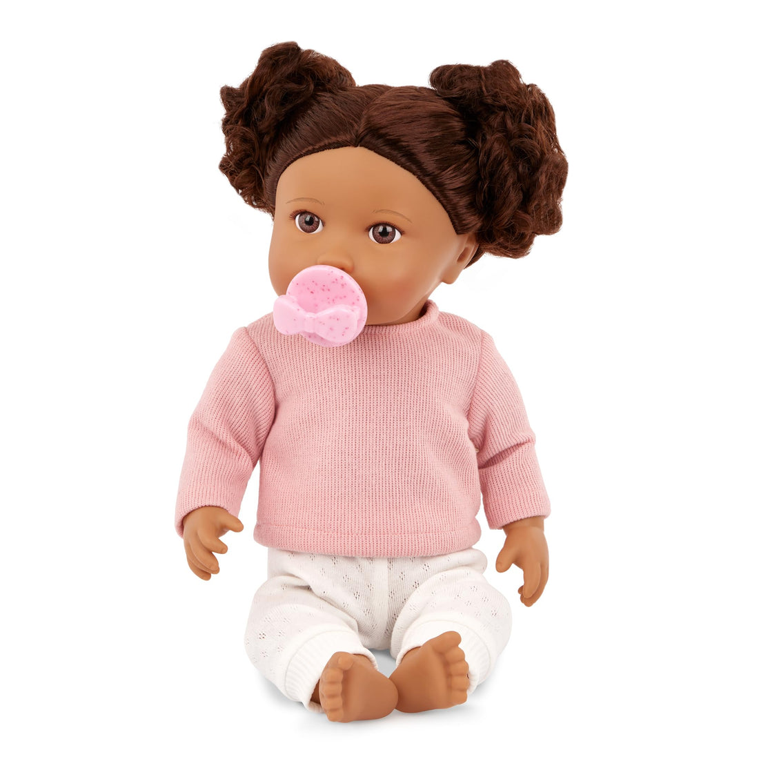 LullaBaby – 14-inch Realistic Baby Doll – Wavy Dark-Brown Hair, Brown Eyes & Soft Body – Pink Sweater Outfit, Hair Elastics & Pacifier – Pretend Play – Baby Doll with Wavy Brown Hair