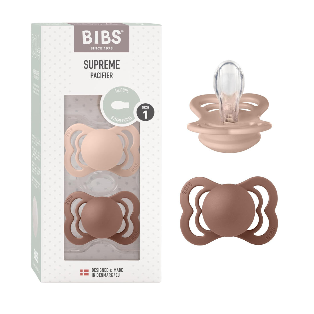 BIBS Supreme pacifier 2-Pack, BPA Free Dummy Pacifier, Symmetrical Silicone, Size 1 (0-6 Months), Woodchuck/Blush