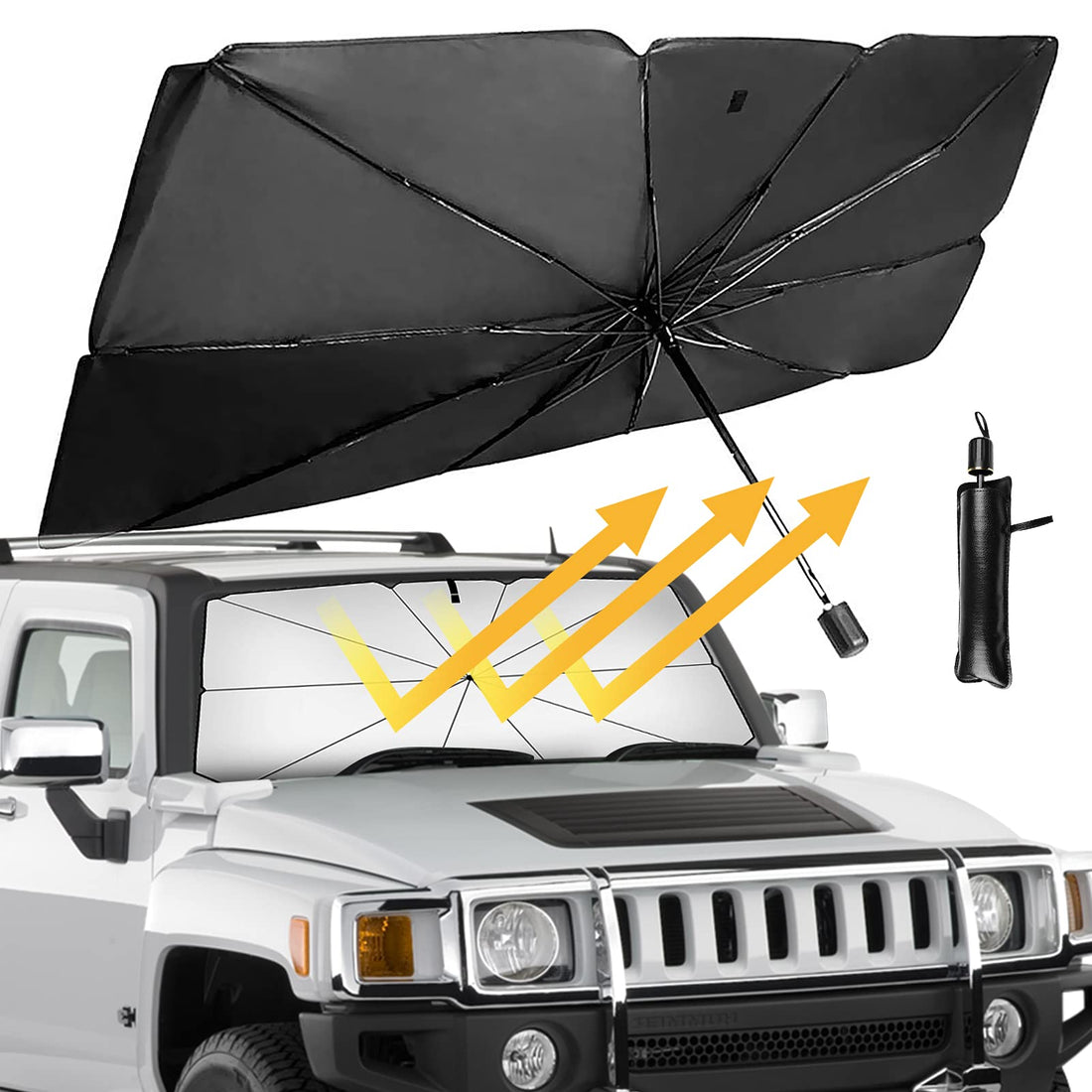 Car Windshield Sun Shade Umbrella, Foldable Sunshade for Car Windshield Front Window Blocks UV Rays Automotive Interior Sun Heat Visor Protector Keep Vehicles Cool, Fits Most SUV Truck