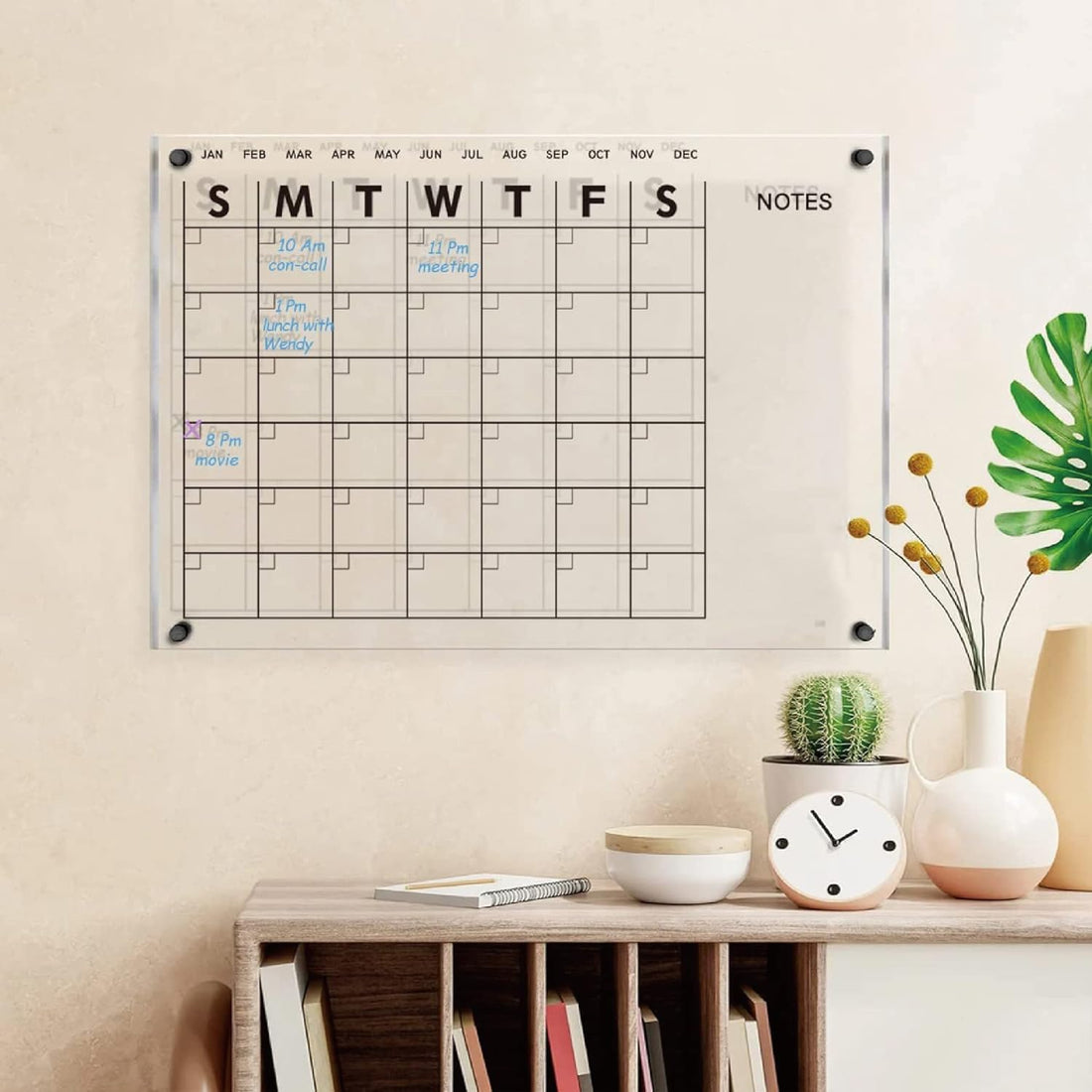 allo, Dry Erase Acrylic Calendar Wall Calendar23In x 18.5In monthly organizer scheduleReusable weekly schedule, black