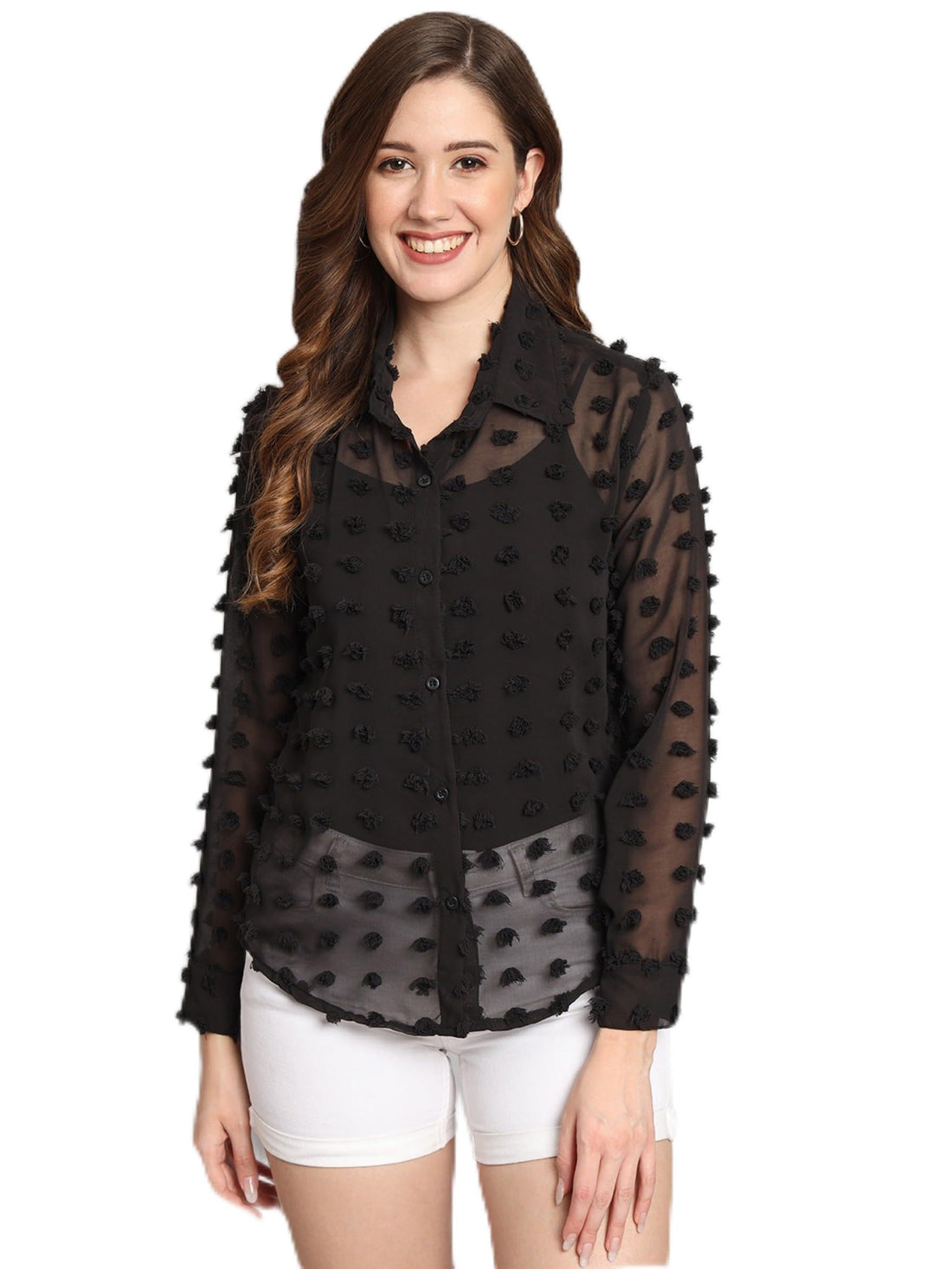 SUNSET EG STORE Women's Solid Sheer Chiffon Chunky Blouse (Black, XL)
