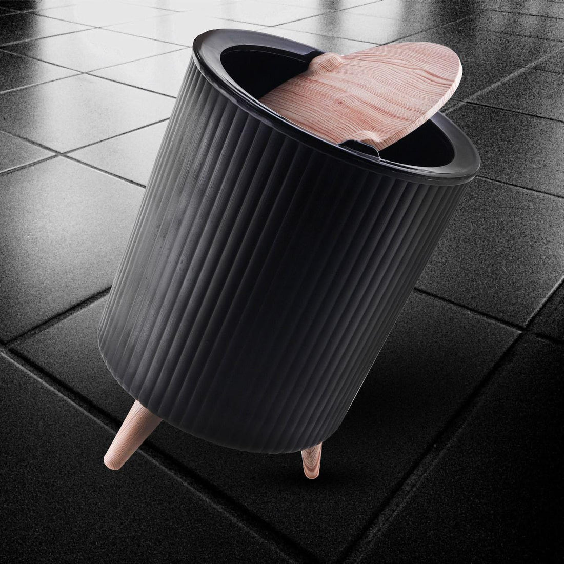 Spinner Lid Plastic Trash Basket for Kitchen Bathroom Multi-purpose (black)
