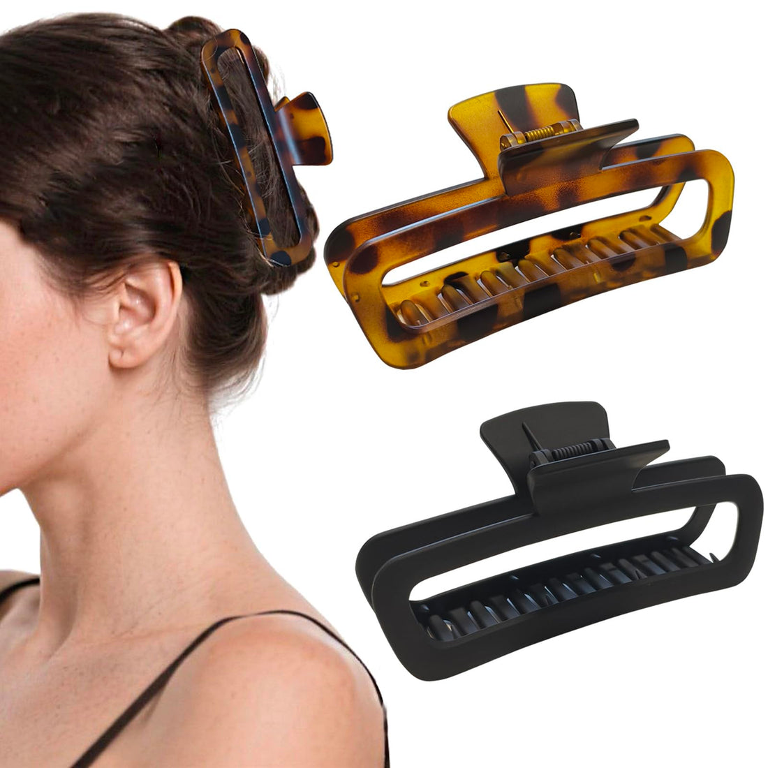 5 Inch Hair Claw Clips Matte No Slip Extra Large Black & Tortoise Square Unbreakable Neutral Hair Clips for Women Long Thick Hair, 2 Pack