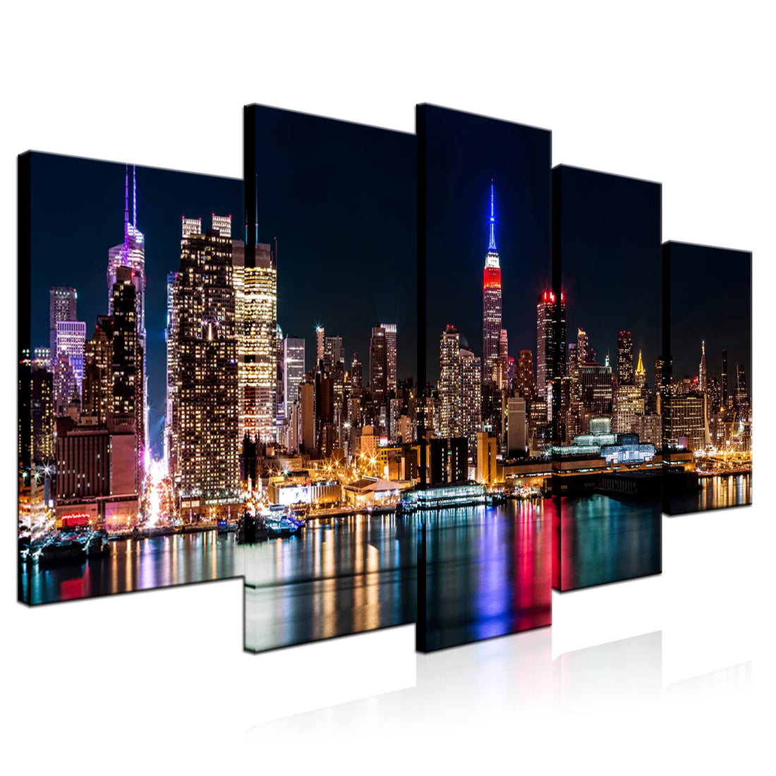 Biuteawal Large 5 Piece New York City Canvas Wall Art Manhattan Skyline at Night Picture Prints Modern Home Office Wall Decoration Gallery Wrapped Ready to Hang