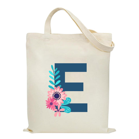 Eco-Friendly Canvas Cotton Tote Bag with Floral Design on Initial Letters Printed Bags for Women, Men - Reusable Shopping Bag, Party Gift Idea and Blend Cotton Gift Bag