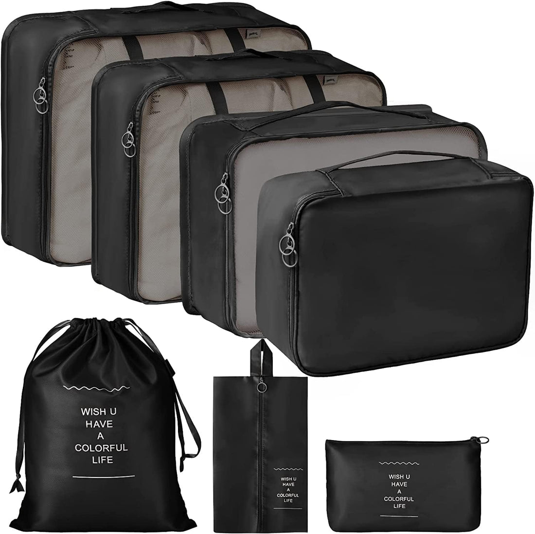 PETRICE Travel Organizer 7 in 1 Travel Laundry Cosmetics Luggage Packing Organizers Set Makeup Bags Organizer Packing Cubes with Shoe Bag for travel (Black)