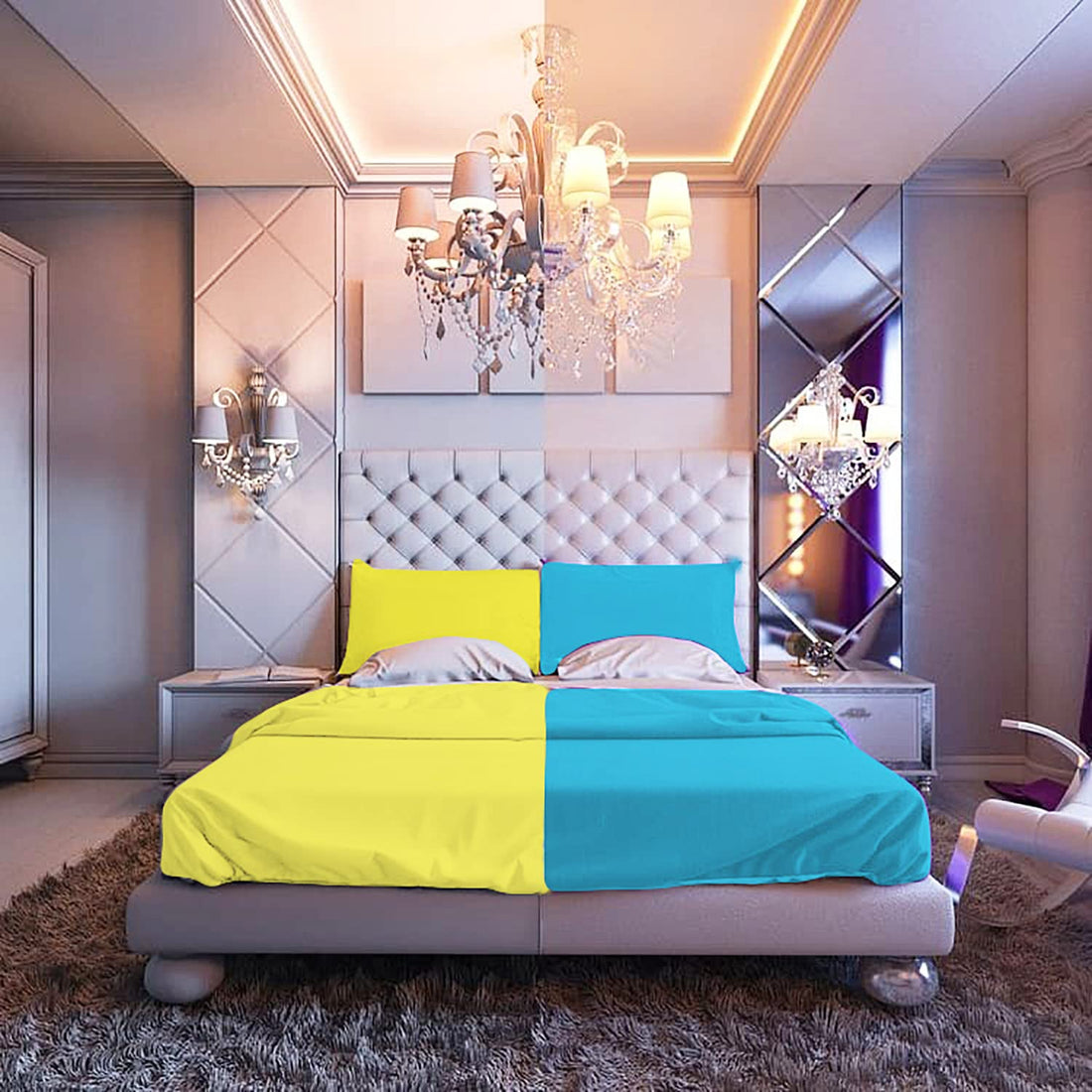 Tigers Trade Lines Color mix bed sheet set for master rooms 3 pcs from (Elastic 180 cm, Terquaze-Yellow)