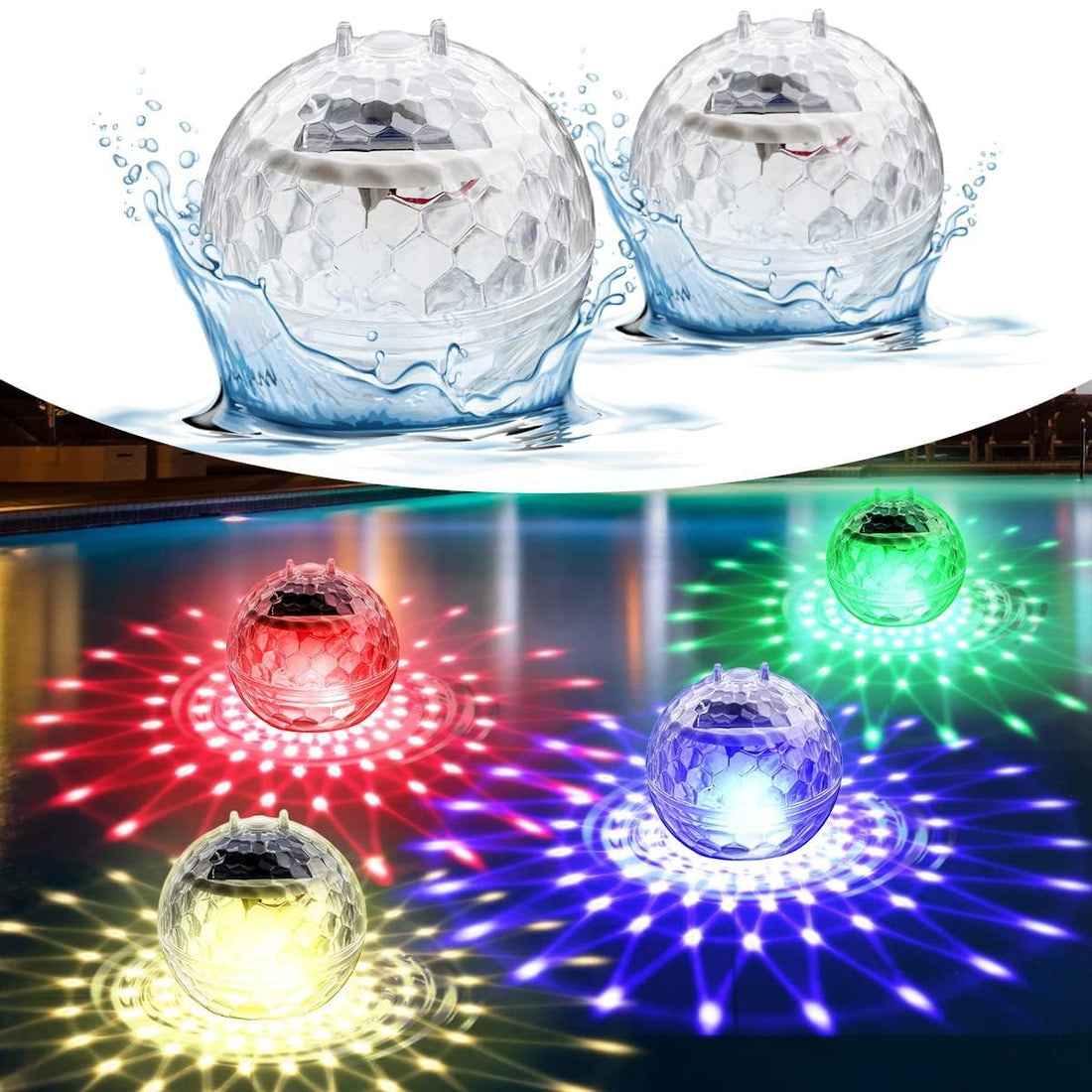 Solar Floating Pool Lights, Pool Lights That Float with RGB Color Changing Waterproof Disco Solar Pool Lights for Swimming Pool at Night Hangable LED Glow Ball Lights for Pond, Garden, Backyard 2PCS