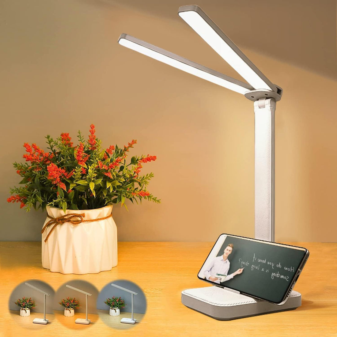 LED Desk Lamp for Computer/Desktop, Eye Caring Rechargeable Desk Lamp with Touch Control Button and USB Charging Port, Bedside Table Lamp for Reading Study Kids Home Office