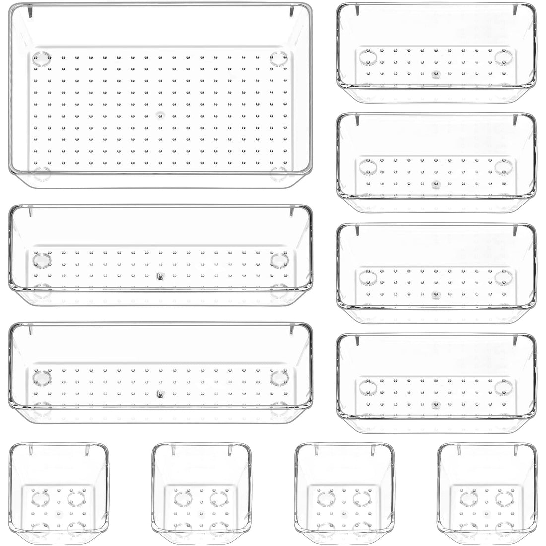 Modular Desk Drawer Organizer Tray System with Non-Slip Silicone Feet, Versatile Clear Plastic Storage Bins for Makeup, Bathroom, Kitchen, and Office Supplies - 11 Piece Set - Transparent
