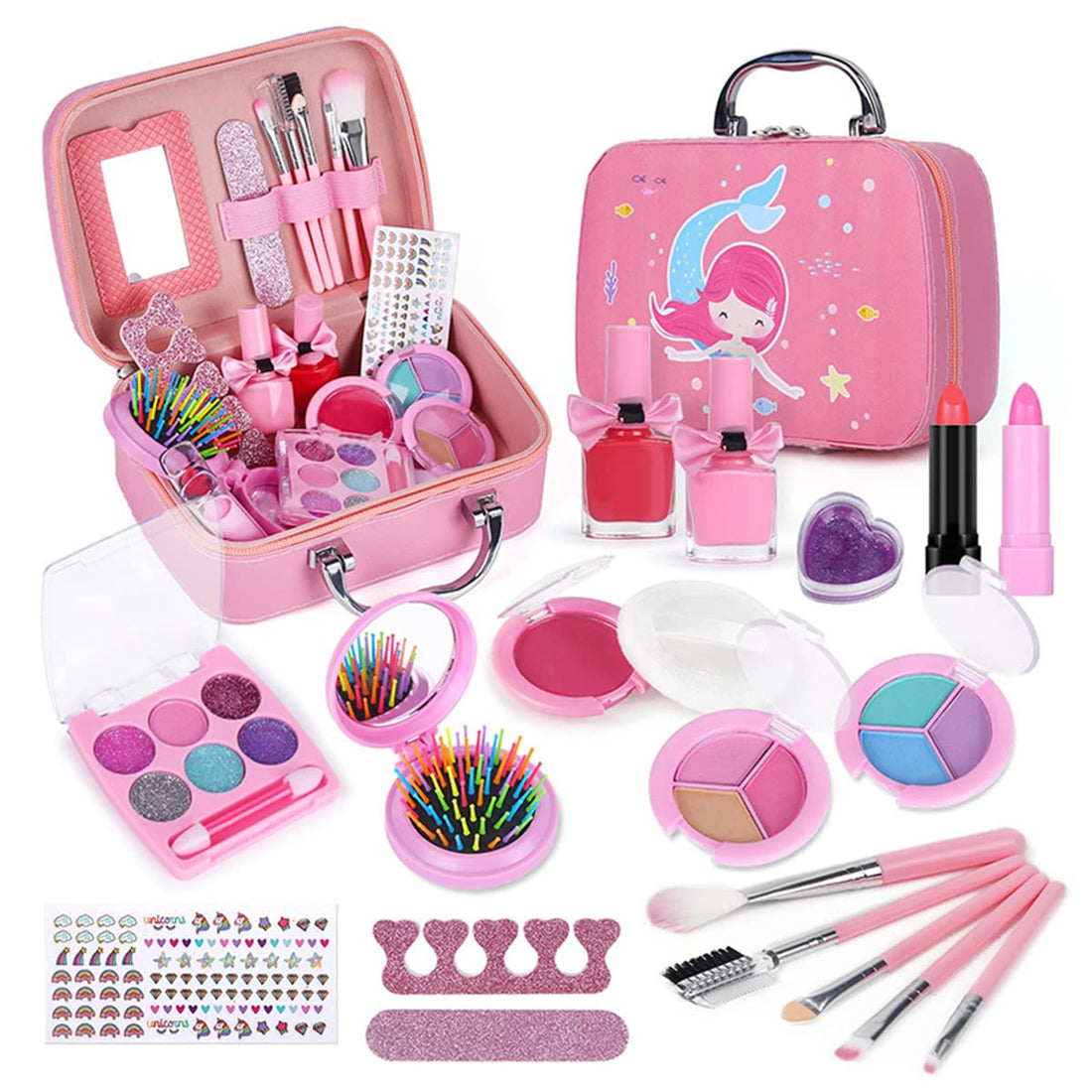 ALMEKAQUZ Kids Makeup Kit - Washable Toys for Girls With Mermaid Pattern Tote Bag, Princess Dress Up Game for 6-12 Years Old, Birthday Gift (Pink)