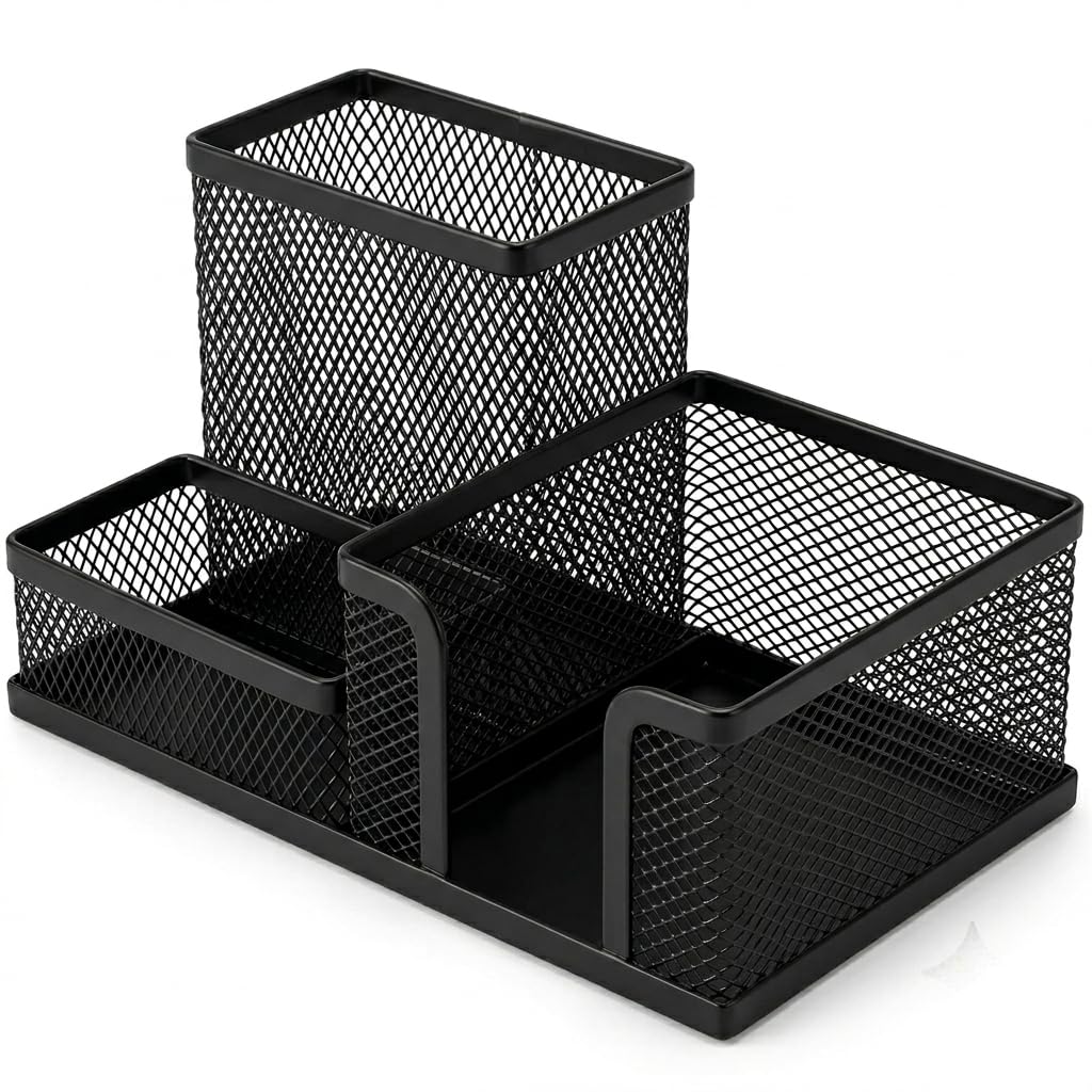 Black Mesh Metal Desk Organizer 3 Sections Pen Holder Stationery Organizer Home Office Supplies Office Supplies Accessories Storage Organizer for Home School Black