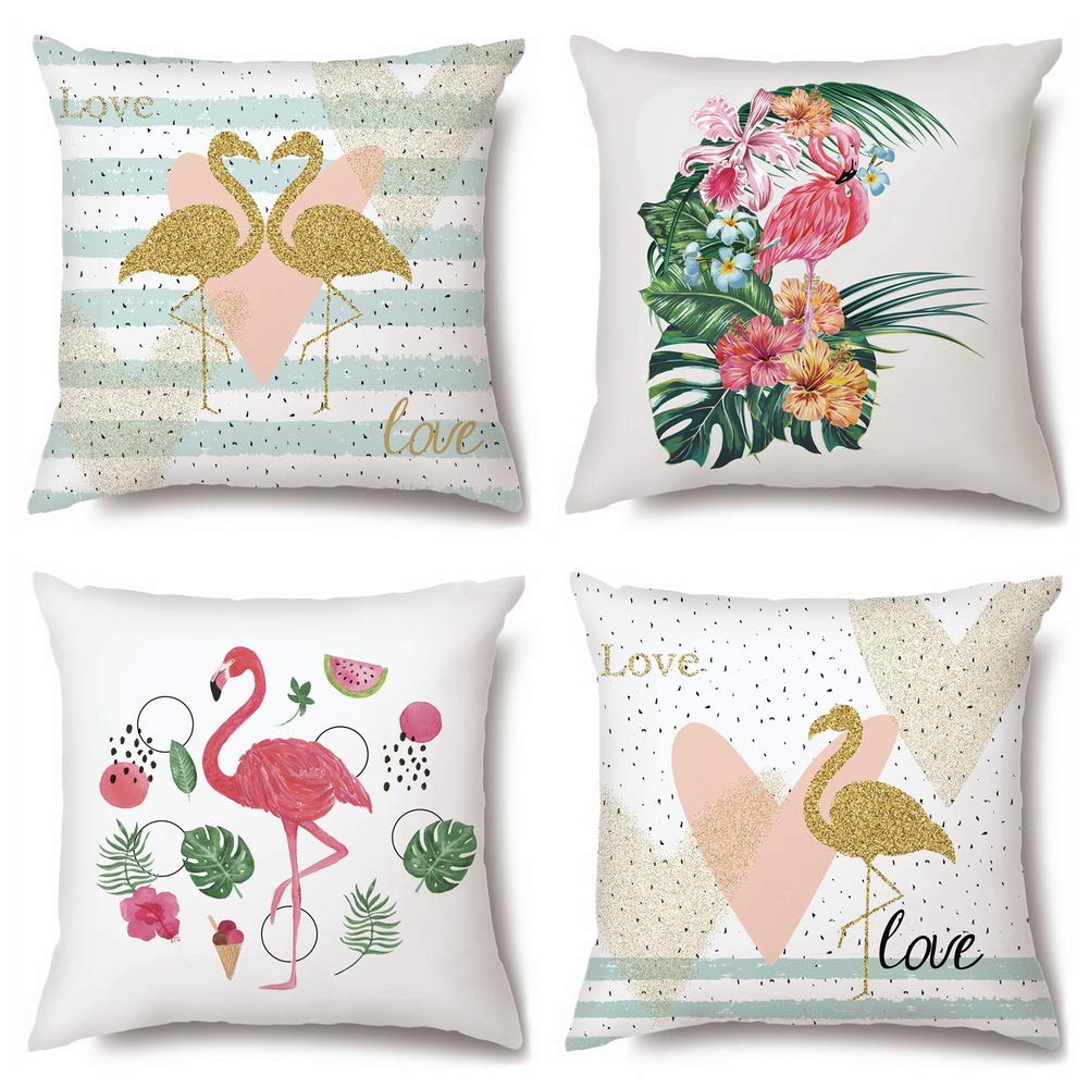 Artscope High Grade Polyester Microfiber Decorative Cushion Covers 18 x 18 Inch Squar Pillow Covers Pillowcases for Sofa Car 45 x 45 cm, 4 Pack (Flamingo B)