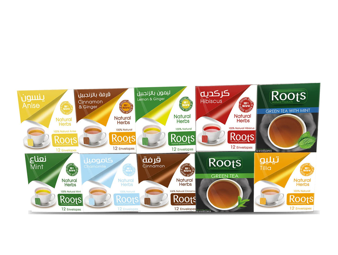 Roots 10 Herbs Boxes 12 Envelopes Each- Anise ,Mint ,Cinnamon ,Lemon With Ginger ,Tilia ,Roselle ,Camomile ,Green Tea With Mint, Cinnamon With Ginger ,Green Tea