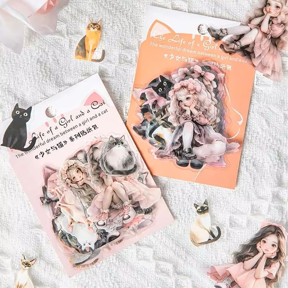 The Girl and The Cat Series Kawaii Character Landscape Material Collage PET Sticker vintage Creative Journal Scrapbook Stationery 50 pcs (dream cat)