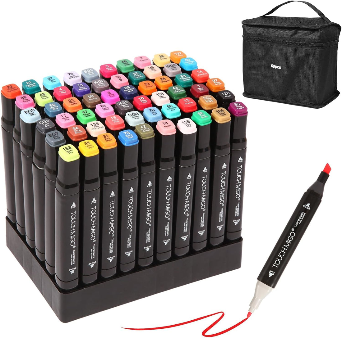 Dravina 60pc Dual Marker Pen Set With Tray & Carrying Case- Fine & Broad Tip Acrylic Marker For Drawing, Colouring, Calligraphy| Alcohol Based Art Markers| Odorless & Non Toxic Permanent Colour (60)