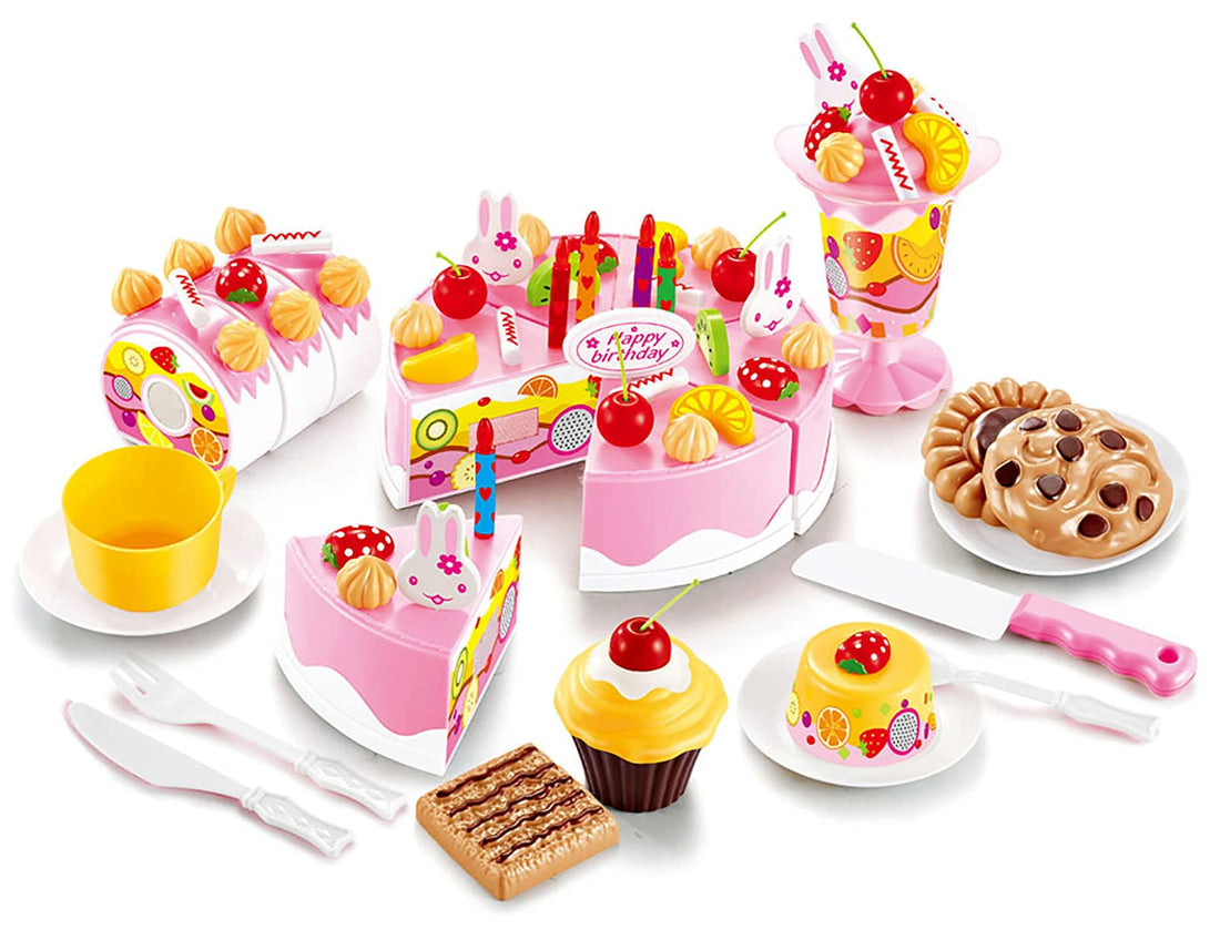 75PCS Birthday Cake Toy DIY Cutting Cake Play Set Kids Play Kitchen Food Pretend Play Cake Toy Best for Girls Birthday Party Gift (75PCS Pink)