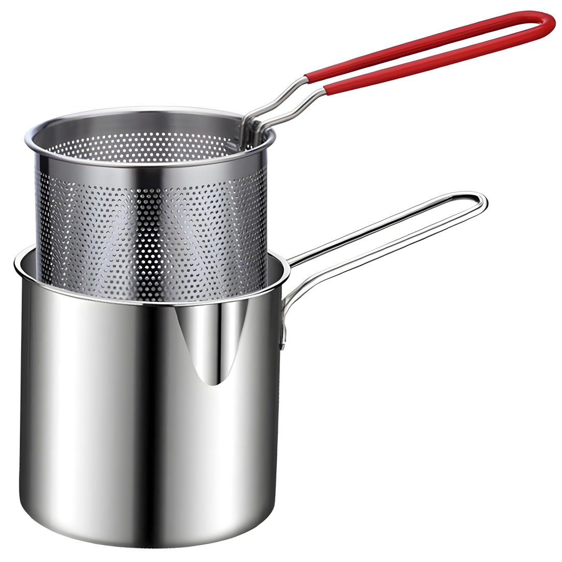 DAYANIDHI Small Deep Frying Pot with Strainer Basket | 1200ml Stainless Steel Pan with Handle | Ideal for Frying French Fries Chicken Wings Shrimp Fish Boiling Butter Sauce Gravies Pasta (1 Piece)