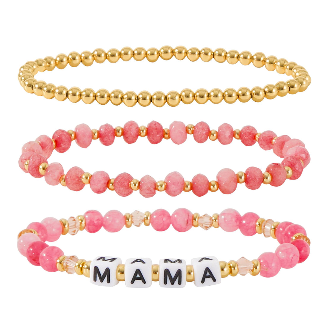 MAMA Bracelet Dainty Gold Crystal Beaded Bracelets Set for Women Stackable 14K Gold Plated Beads Nature Stone Layered Stretch Bracelets Mother's Day Gifts for Mom Grandmom, 均码, Metal&Crystal, no