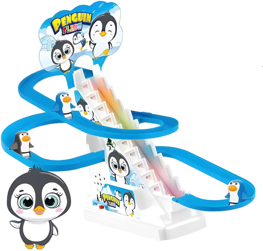 Penguin Track Toys for Kids Electric Penguin Chasing Race Track Game Set, 3 Astronaut LED Flashing Lights & Music Button, Stair Climbing Toy for Kids