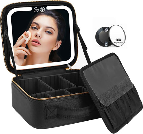 Travel Makeup Bag with LED Lighted Make up Case with Mirror 3 Color Setting Cosmetic Makeup Box Organizer Vanity Case for Women Beauty Tools Accessories Case Rechargeable (Black)