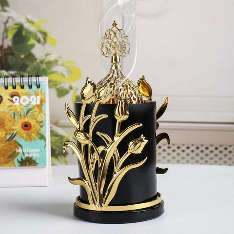 THE PACK- Incense Burner Oud Incense Burner with Luxury Decor - Oud Incense Burner - Flower Incense Burner (BLACK)