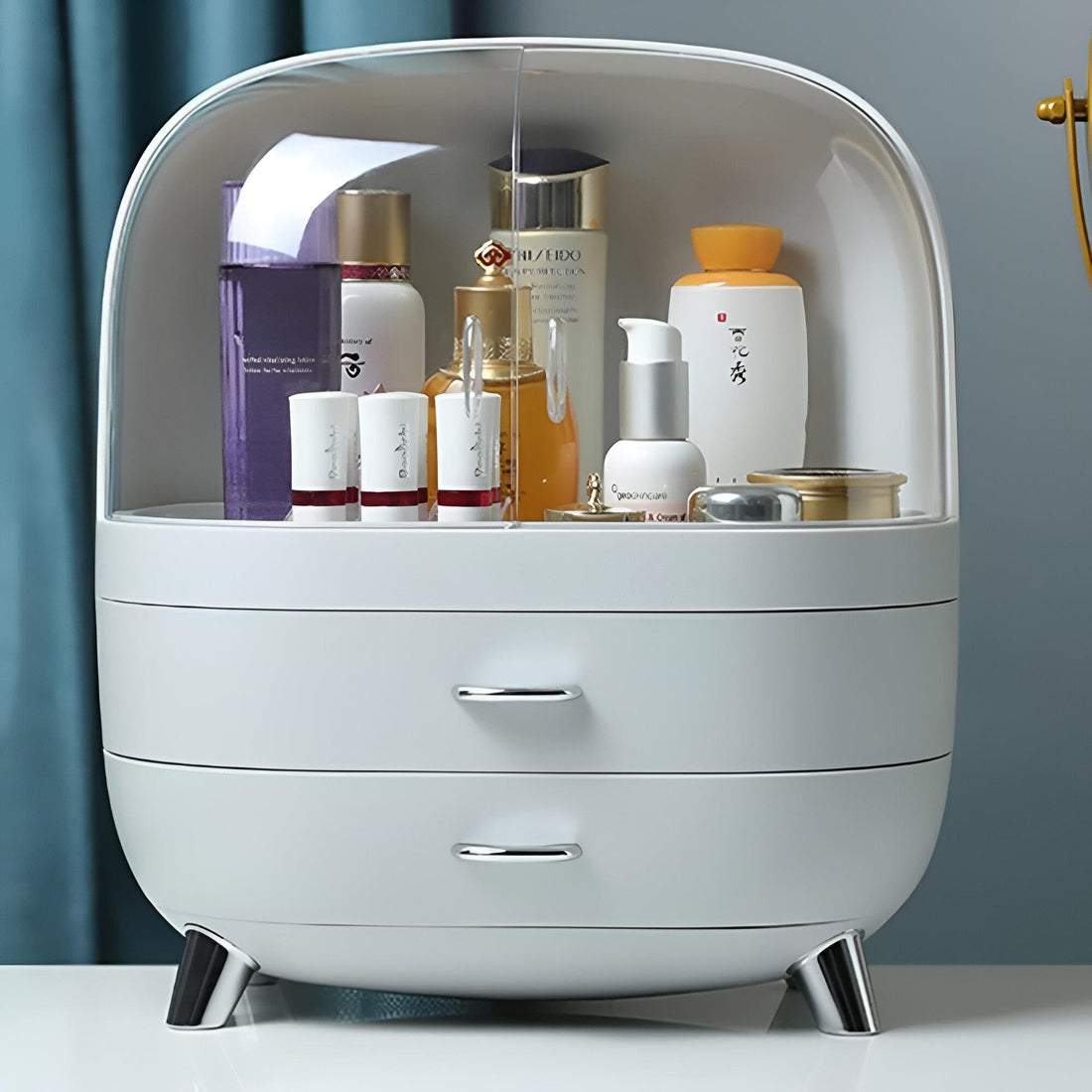 Makeup Organizer - Modern waterproof and dustproof storage box with a smooth drawer, sleek open‑front display, perfect for bathroom counters or bedroom vanity, keeps cosmetics tidy and accessible.