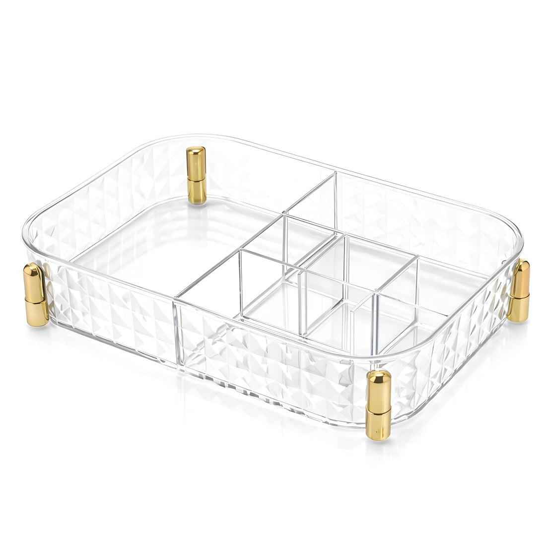 Acrylic Organizer - Transparent Makeup and Accessories Storage Box with Elegant Gold Base, Multi-Use Internal Compartments for Jewelry, Cosmetics, and Beauty Tools, Clear Design