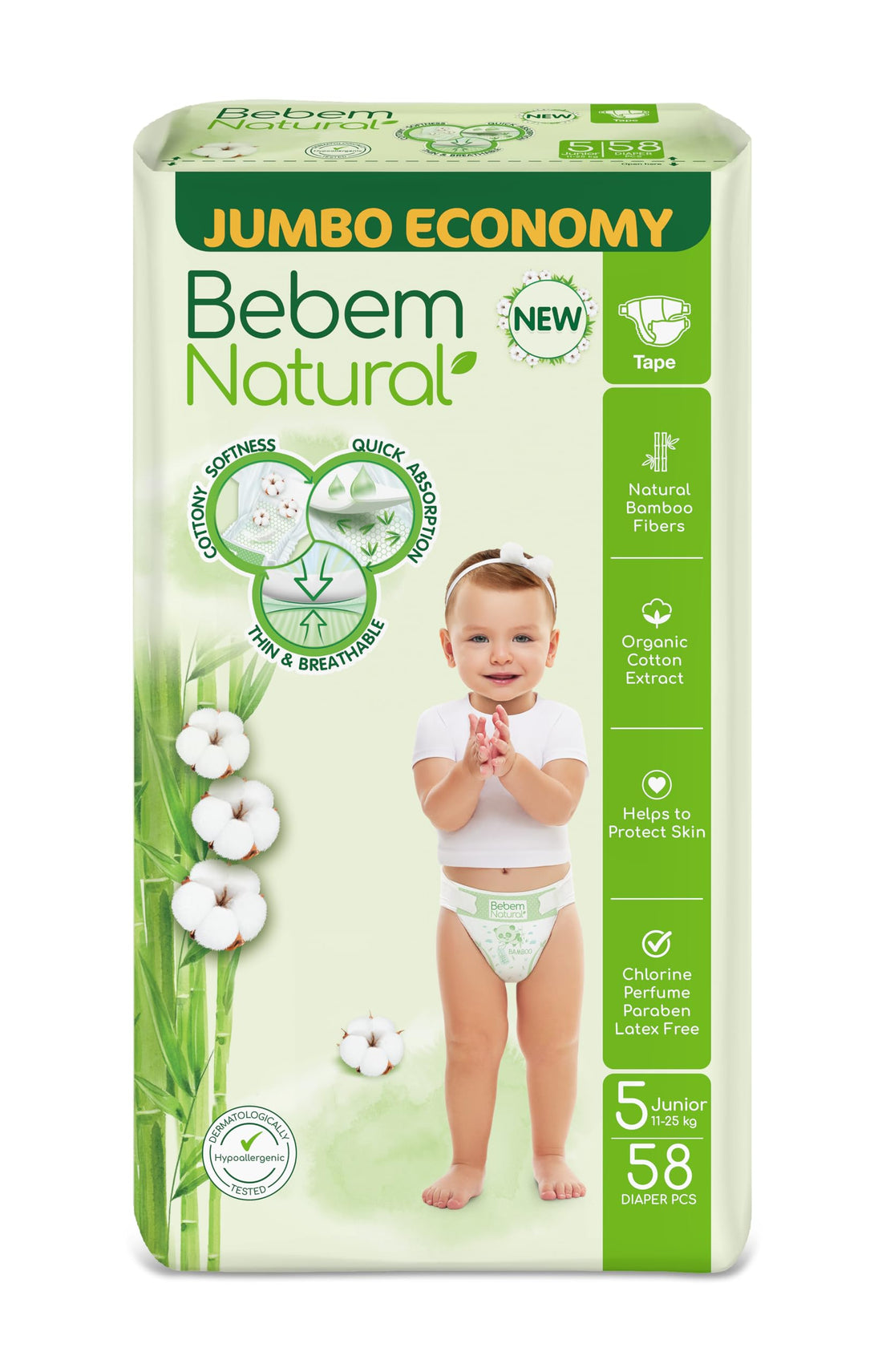 Bebem Natural Baby Diapers Open Diapers Size 4,9-14 KG, Jumbo Pack, 58 Units, Organic Cotton & Bamboo Fibers