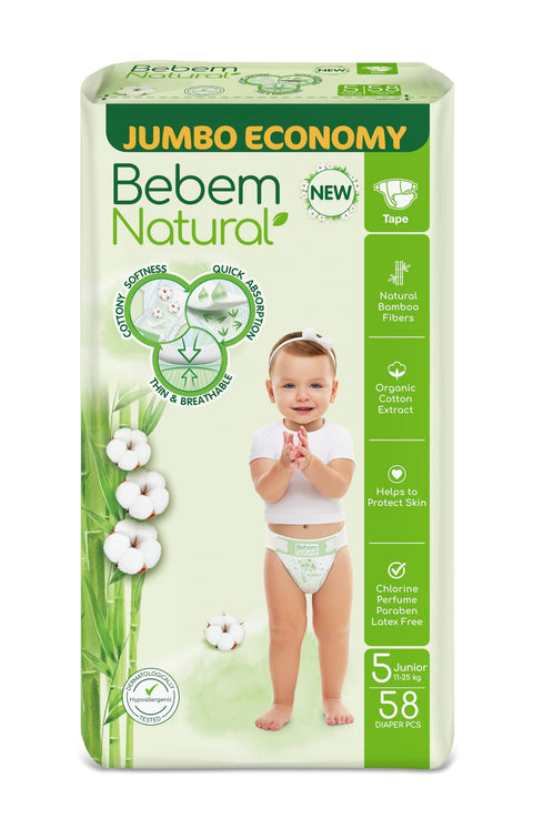 Bebem Natural Baby Diapers Open Diapers Size 4,9-14 KG, Jumbo Pack, 58 Units, Organic Cotton & Bamboo Fibers