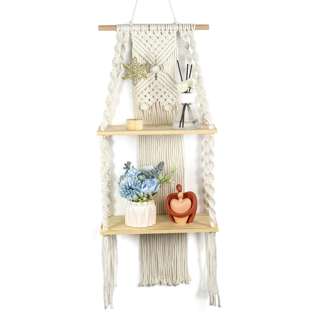 JONKASIPA Macrame Wall Hanging Shelf 2 Tier Boho Wall Plant Hanger Shelves Handmade of Woven Rope Artistic Decorations for Apartments, Dormitories, Living Rooms, Bedrooms, Backdrops